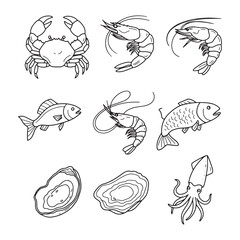 Seafood Line Art Illustrations Crabs, Shrimp, Fish, Oysters, and Squid
