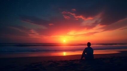 Obraz premium Sunset beach meditation: man sitting on sand enjoying ocean view at dusk with colorful sky and clouds