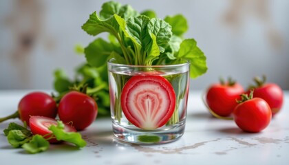 Fresh Radishes in Water Glass with Green Leaves and Tomatoes Healthy Food Concept