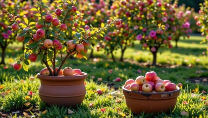 Apple Orchard Red Apples in Terracotta Pots and Basket A Vibrant Autumn Harvest Scene