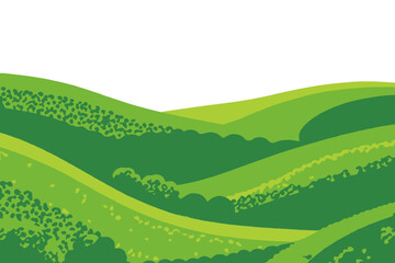 Obraz premium Rolling Green Hills Landscape Illustration-Serene Green Fields Cartoon-Nature Background Vector-Tranquil Landscape Scene-Hills and Trees Artwork_