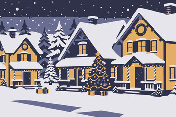 Naklejka premium Winter Wonderland Scene - Festive Christmas Village with Snow Covered Houses and Decorated Christmas Trees - Holiday Season Illustration
