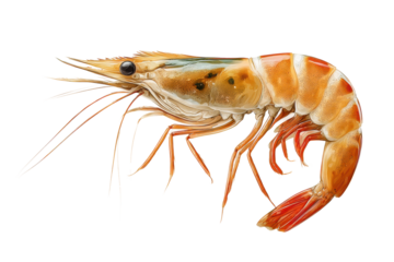 PNG Detailed close-up of a vibrant orange and white shrimp isolated on black background