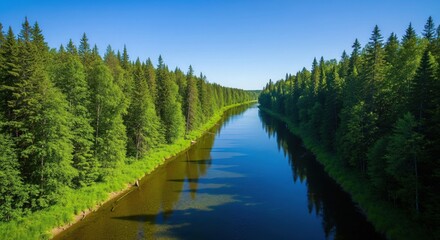 Obraz premium Clean river in green forest under blue sky | nature landscape | world environment day | environment day poster | world environment day drawing 4k hd high quality nature wallpaper background