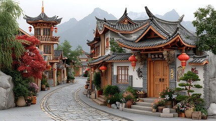 Ancient chinese village with stone paved street and decorated wooden houses in harmony high resolution photo