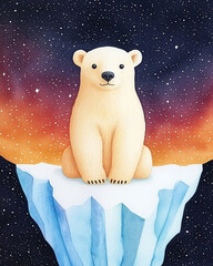Cute polar bear sits on melting iceberg against starry night sky, evoking sense of wonder and environmental awareness