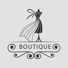 Elegant Boutique Logo Design with Mannequin and Dress Silhouette