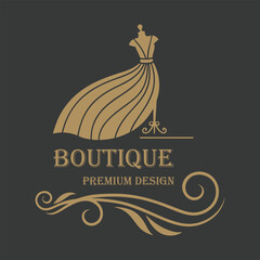 Elegant Boutique Logo Design with Mannequin and Floral Swirls in Gold