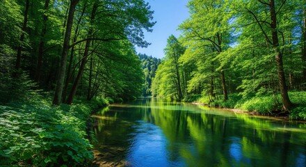 Clean river in green forest under blue sky | nature landscape | world environment day | environment day poster | world environment day drawing 4k hd high quality nature wallpaper background