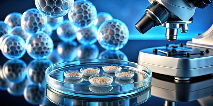 A cluster of stem cells in a petri dish with a microscope in the background, growth factors