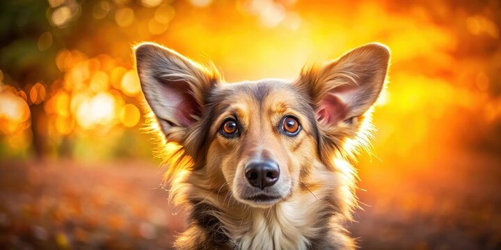 A furry canines face contorted in surprise with its ears back and tail tucked in against a vibrant sunny background, happy dog, dog facial expression
