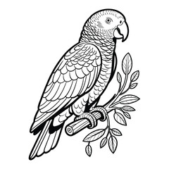 Fototapeta premium African Grey Parrot Coloring Page, Silhouette, Vector, Illustration, Outline, Logo, White Background.