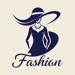 Elegant Fashion Illustration of a Woman with Hat and Dress in Navy