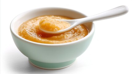 A bowl filled with creamy, smooth baby food sits on a plain surface, complemented by a spoon resting inside. This nutritious meal is perfect for infants exploring new flavors