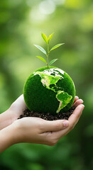Hands Holding a Green Earth with a Plant Nature Photo for Eco Project
