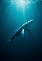 Fototapeta premium Majestic whale portrait in deep ocean sunlight