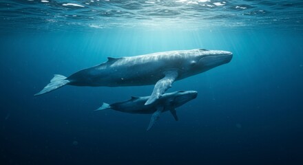 Naklejka premium Two whales swimming in deep blue ocean water