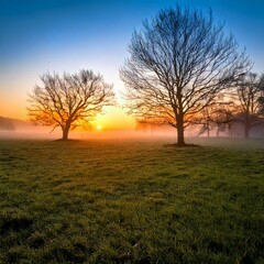 Naklejka premium Bare trees and misty meadow in Autumn at dawn