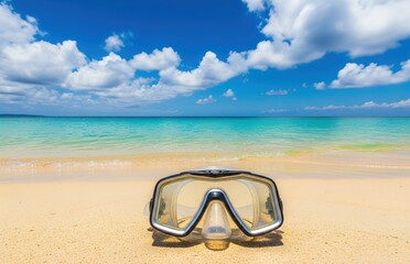 Goggles in Sand Near Blue Ocean
