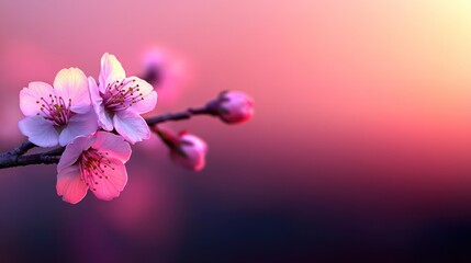 Pink cherry blossoms sunset; spring branch, nature background, floral design
