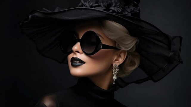 beautiful stylish young rich woman with sunglasses in black clothes on a dark background, shopping, glamor, luxury, blonde girl, sale, elite, black friday