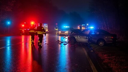 Emergency services responding to car accident at night on road  