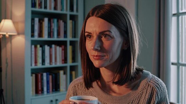 Gentle Contemplation: A woman, lost in thought, takes a moment of repose, holding a warm drink with a backdrop of a bookcase. The scene radiates a feeling of quiet contemplation.