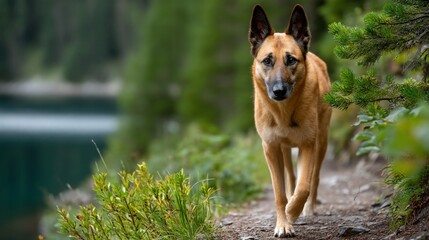 Naklejka premium Alert dog walking lakeside path