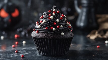 dessert chocolate cupcake with red and white sprinkles