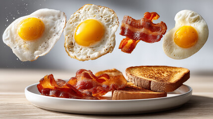 Flying fried eggs with bacon and toasts on wooden table, closeup