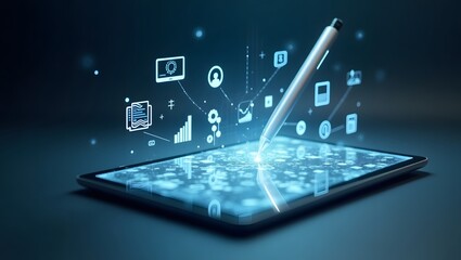 Digital Stylus Writing on Tablet with Floating Data Icons and Futuristic Interface Graphics in a Blue Tech-Themed Environment