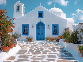 Greek island church courtyard flowers high resolution image