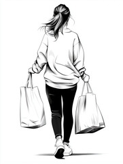 Woman walking with shopping bags, dressed in casual outfit, exuding sense of joy and style
