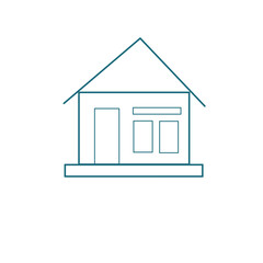 A minimalist teal outline drawing of a house with a door, two windows, and a base.
