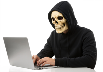 A man with a skull mask and hoodie sits at a laptop, concentrating on the task at hand.