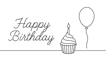 Happy Birthday line art with cupcake and balloon
