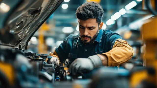 male engineer works on a car assembly line or car service, technology, man, worker, professional, factory, plant, engineering, industry, production line, manufacturing, mechanic, repair