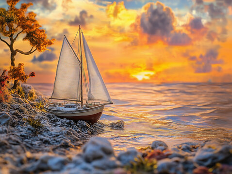 Sailing Boat on Rocky Shoreline at Sunset with Dramatic Colorful Sky