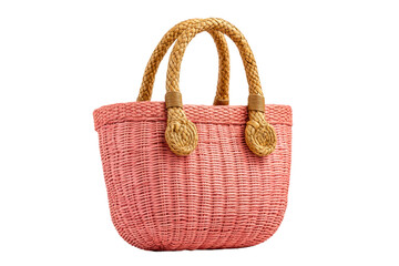 PNG Pink woven straw handbag with braided handles on black background