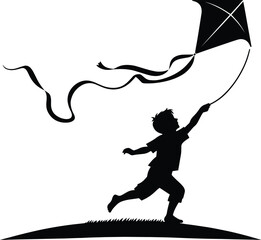 Kid flying a kite silhouette Vector Illustration isolated on a white background