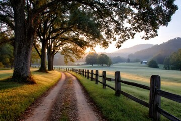 Fototapeta premium Gravel road leading through idyllic countryside at sunrise