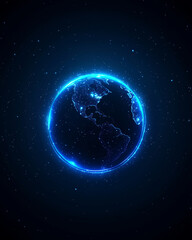 Glowing Earth in dark themed background, surrounded by stars, creates captivating cosmic scene