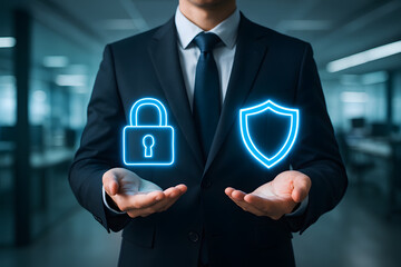 Cybersecurity Guard: An office worker in a smart suit presents a secure digital environment with a padlock and shield hologram in his hands, symbolizing protection and safety.