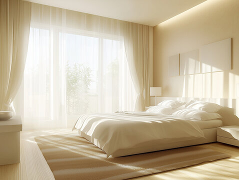 Bright bedroom interior with sunshine and modern minimalist design style