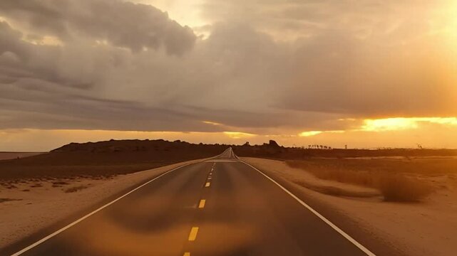 A long straight highway cuts through a dry desert landscape under a dramatic sky. The camera pans smoothly from left to right as if mounted on a drone car rig. Warm tones, realistic heatwaves, and cin
