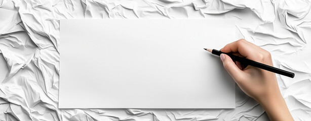 Hand holding pencil is poised above blank sheet of paper, set against backdrop of crumpled white paper, evoking sense of creativity