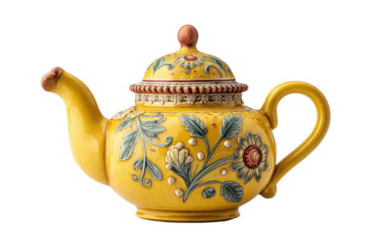 PNG Yellow ornate ceramic teapot with floral design and detailed lid - Powered by Adobe