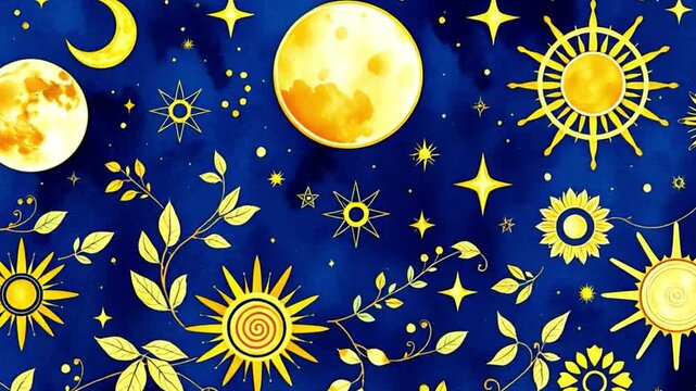 Enchanting celestial pattern of golden suns, moons, stars and floral embellishments on indigo backdrop