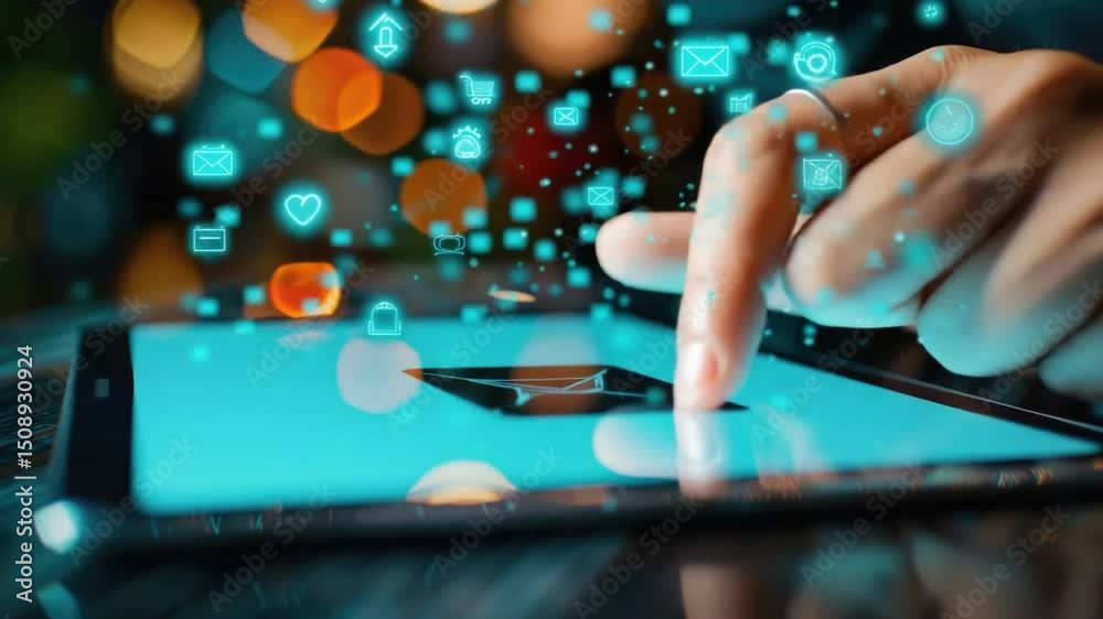 Poster hand interacting with digital tablet displaying icons and symbols of communication and technology in