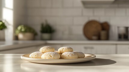 a plate with biscuits placed on it in a kitchen